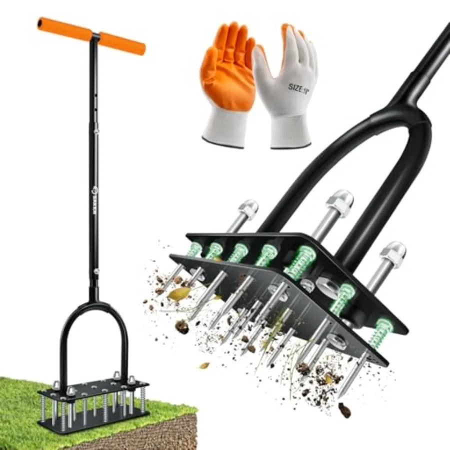 Manual Lawn Aerator Tool, with 15 Iron Spikes Adjustable Height, Double-Layer Spring, Heavy-Duty Iron Lawn Aerator Tool with Gl