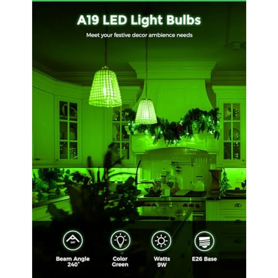 Green Light Bulbs, 9W 60 Watt Equivalent - E26 Base LED Bulb, 720LM Green Bulbs Outdoor for Carnival Christmas Party Decoration