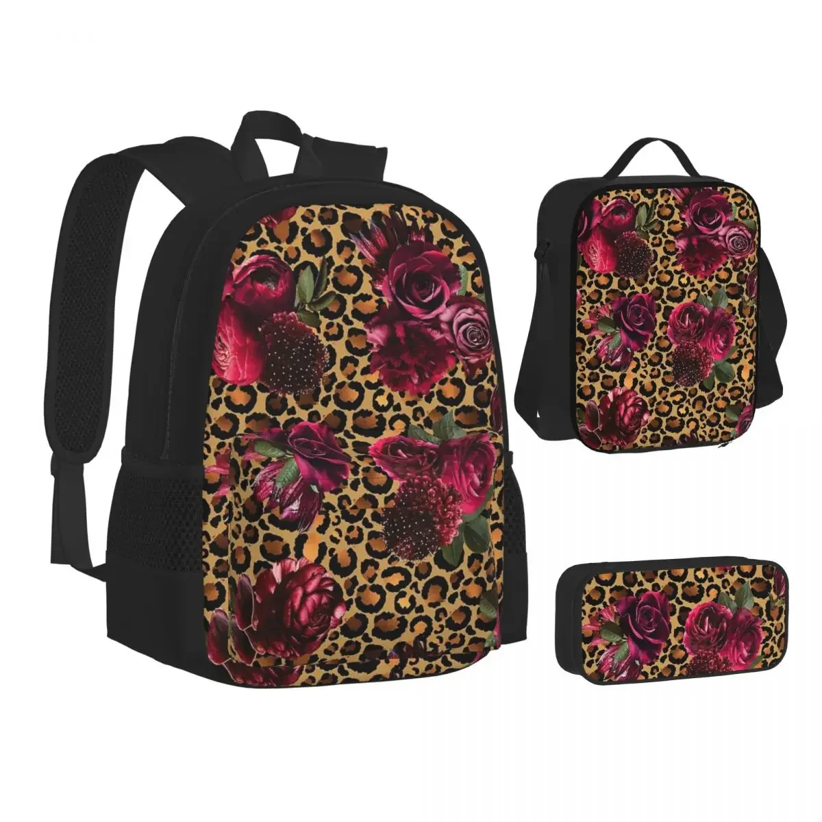 Leopard Roses Backpacks Boys Girls Bookbag Children School Bags Cartoon Kids Rucksack Lunch Bag Pen Bag Three-Piece Set