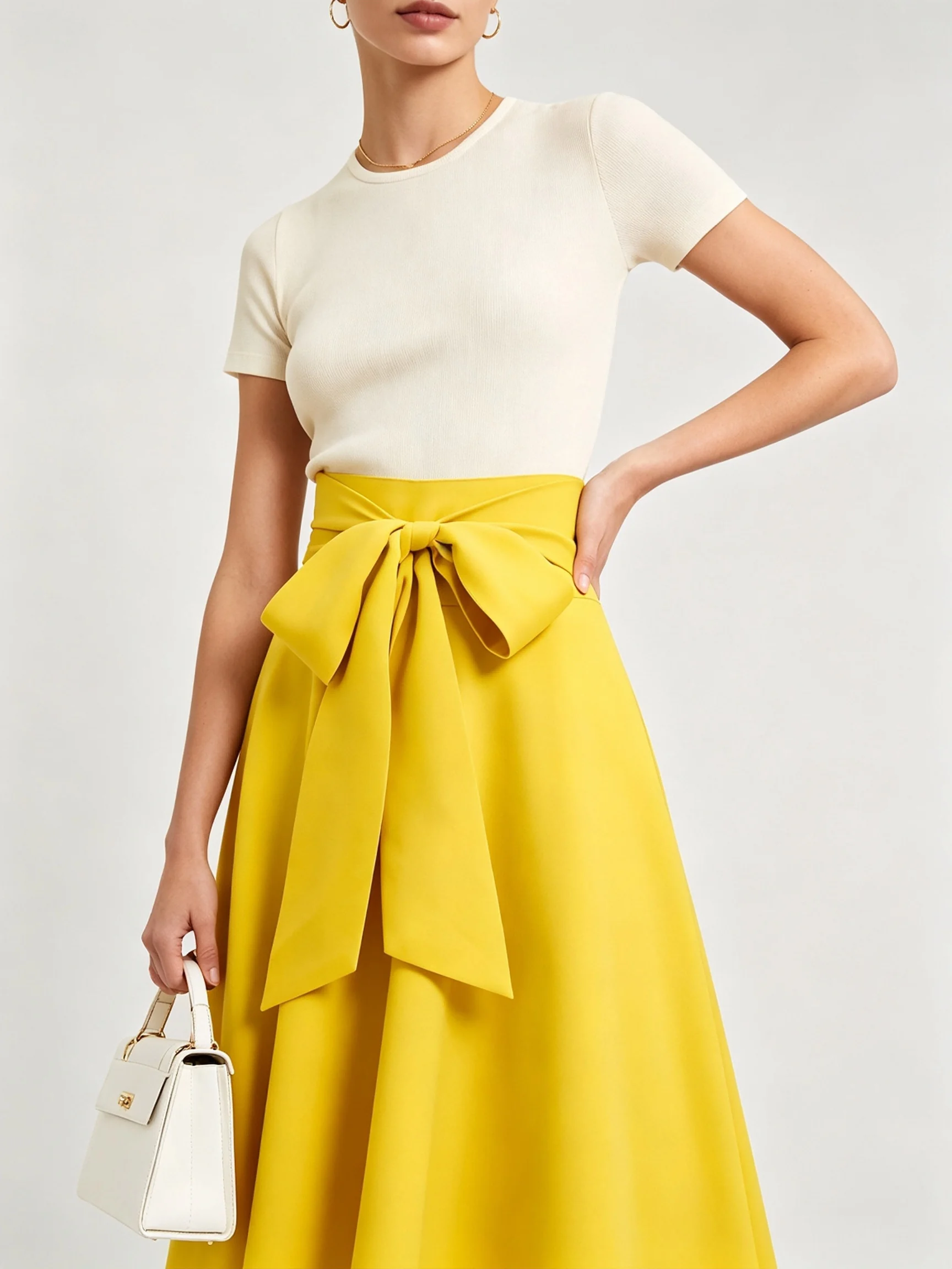 Women Midi Skirt High Waist Bow Knot Daily Office Wear Spring Autumn Flared A‑Line Skirt Elegant Solid Yellow Ladies Swing Skirt