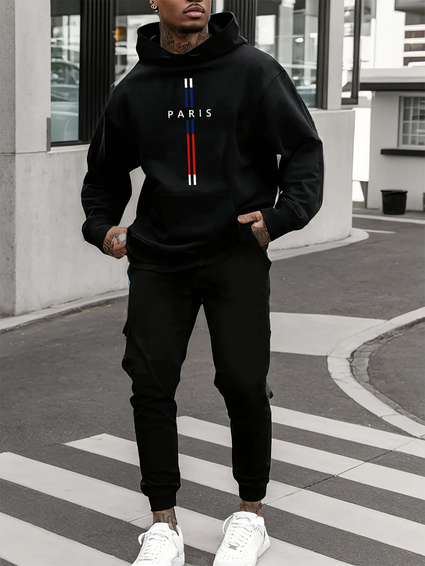Men's Autumn/Winter Casual Fashion Warm Paris Pattern Printed Loose Thick Velvet Sports Hoodie+Sweatpants Set