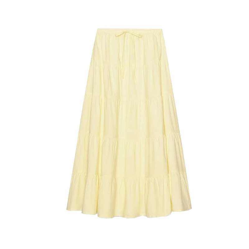 夏の新作レディースファッション　結び飾りレイヤードスプライシングミディ丈スカート　ハイウエストロング丈ドレープスカート