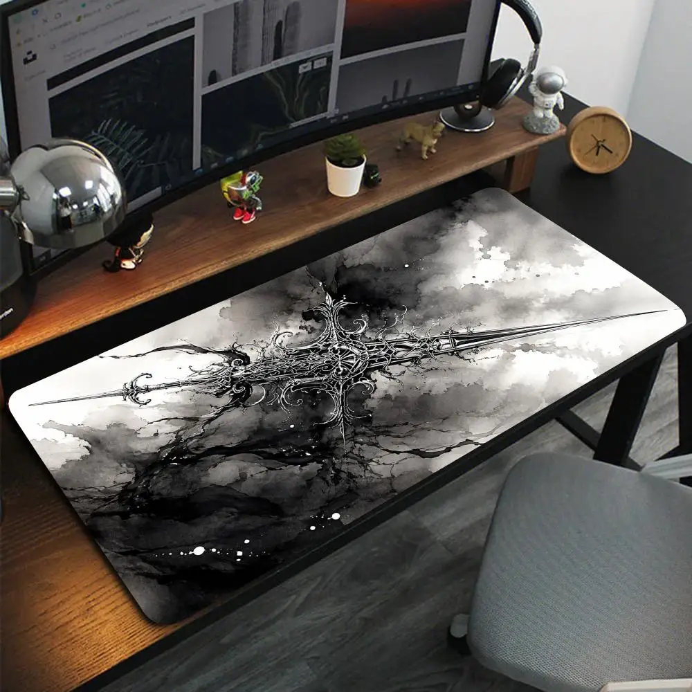 Black Ink Art Ornate Sword Pattern Large Gaming Mouse Pad Vintage Ink Wash Style Desk Mat Cool Keyboard Mat for Game Desktop