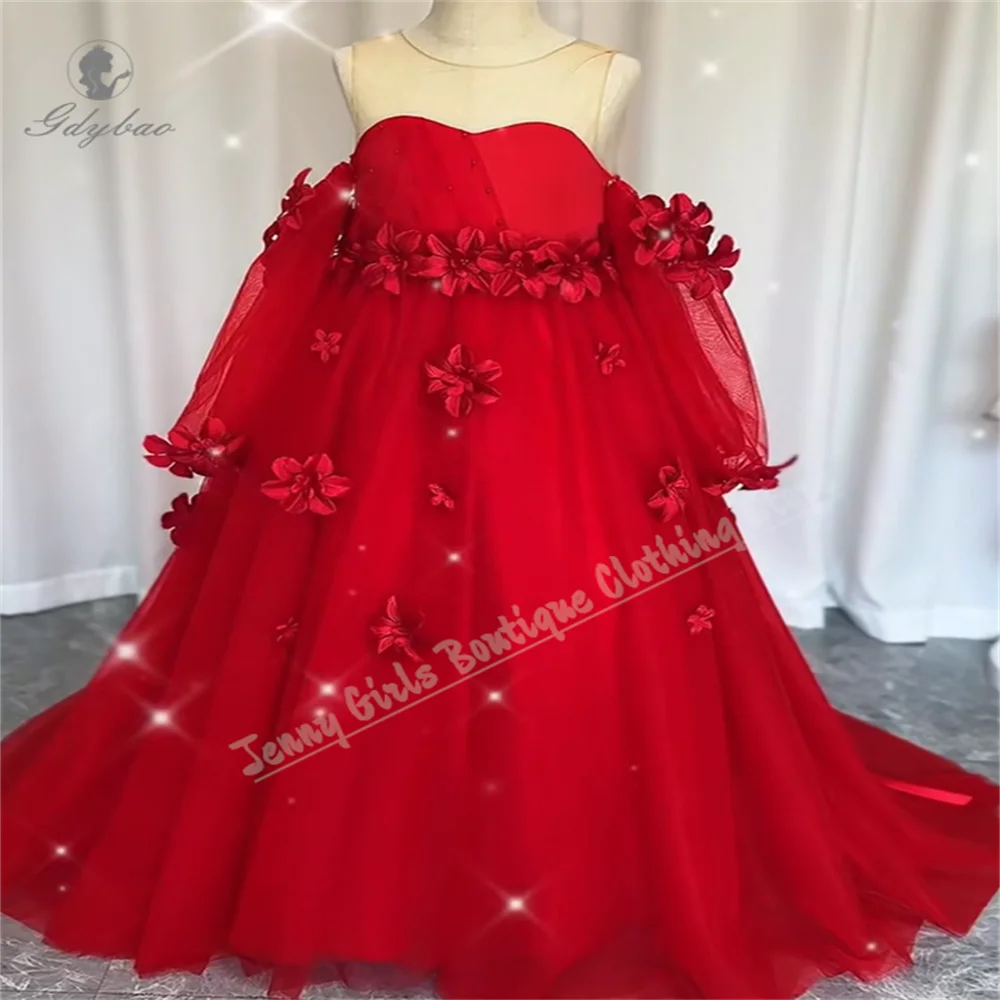 

Flower Girl Dress Floral Red Princess Flesh Colored Pneckline Rom With Long Sleeves Holiday Birthday Party Dress