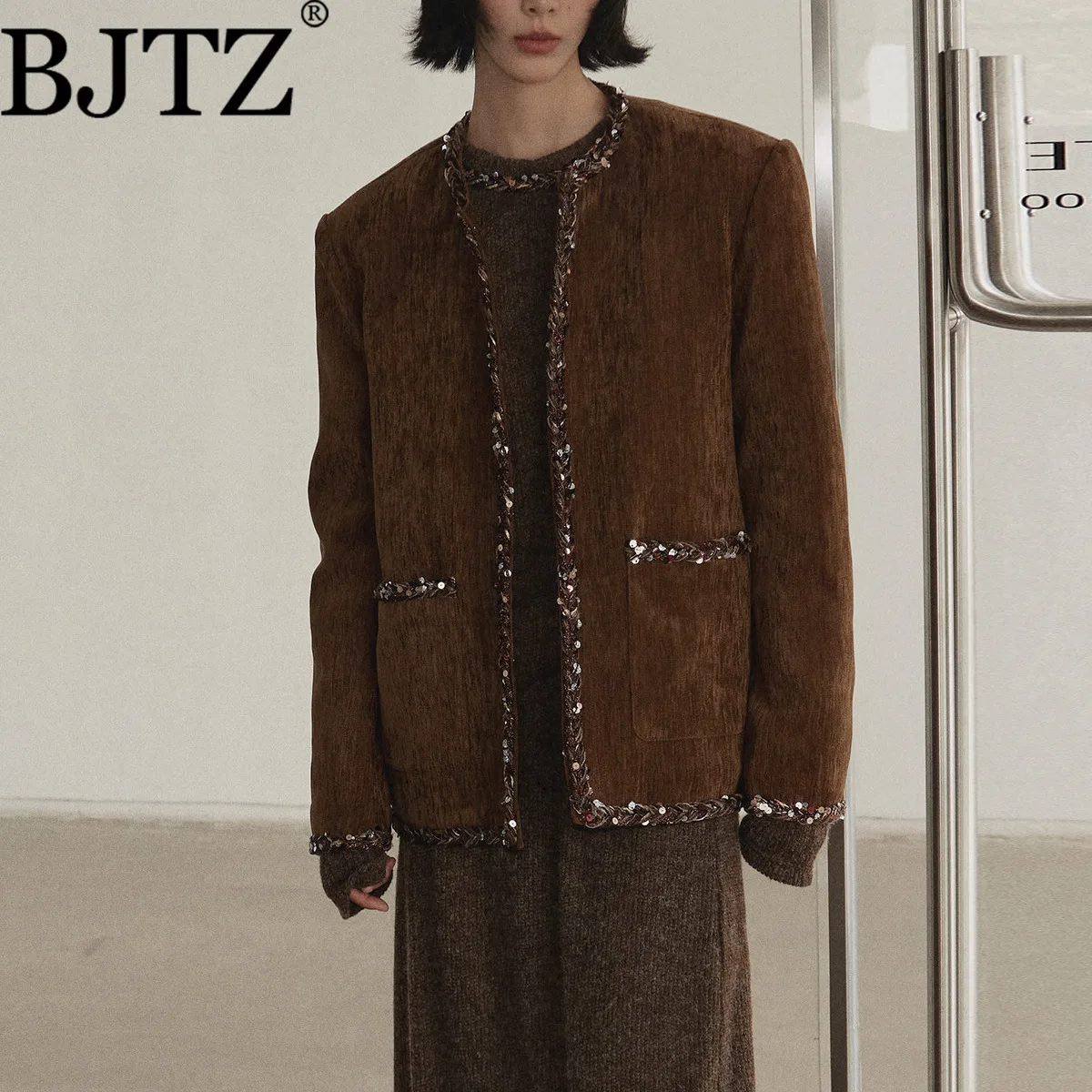 

BJTZ женское роскошное твидовое пальто, стильная зимняя утолщенная стеганая куртка коричневого цвета, дизайнерская теплая верхняя одежда