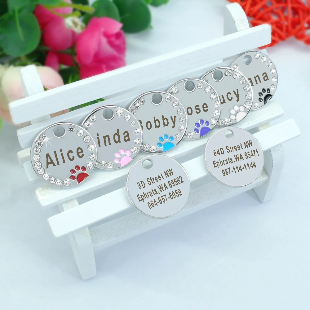 Personalized Dog Cat ID Tag Bling Rhinestone Puppy Kitten Name Tags Anti-lost Pet Collar Accessories Free Engraved Pet Products