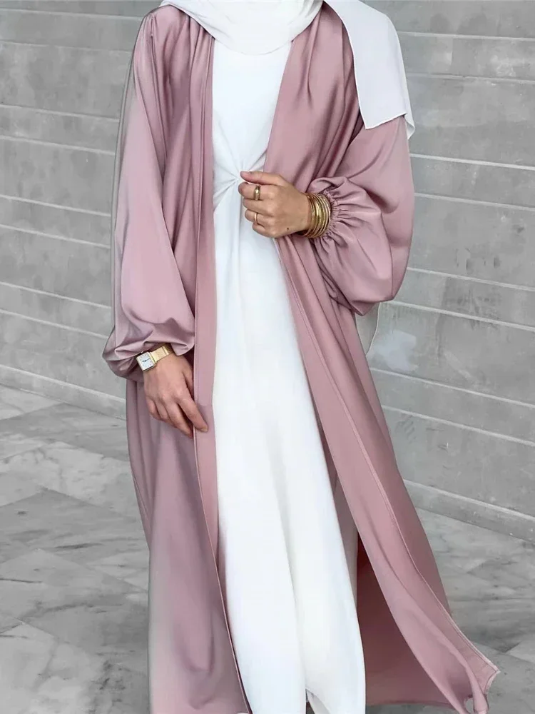 

Turkey Satin Abaya Kimono Turkey Puff Sleeve Open Abayas for Women Dubai 2023 Muslim Hijab Dress Modest Islamic Clothing Kaftan