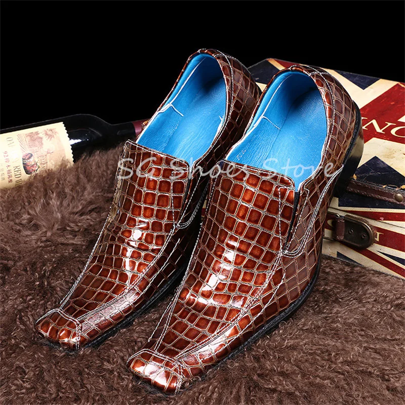 

Gentleman Square Toe Chunky Heel Loafers Retro Snakeskin Splicing Shallow Sewing Derby Shoes Male Business Formal Dress Shoes