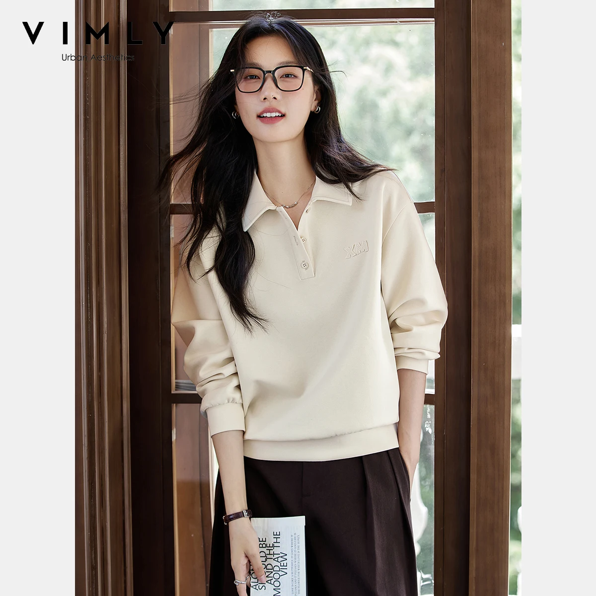 VIMLY Sweater Woman Letter Embroider Apricot Autumn 2025 Casual Long Sleeve Tops Sporty Knitted Loose Sweatshirts Female A2126