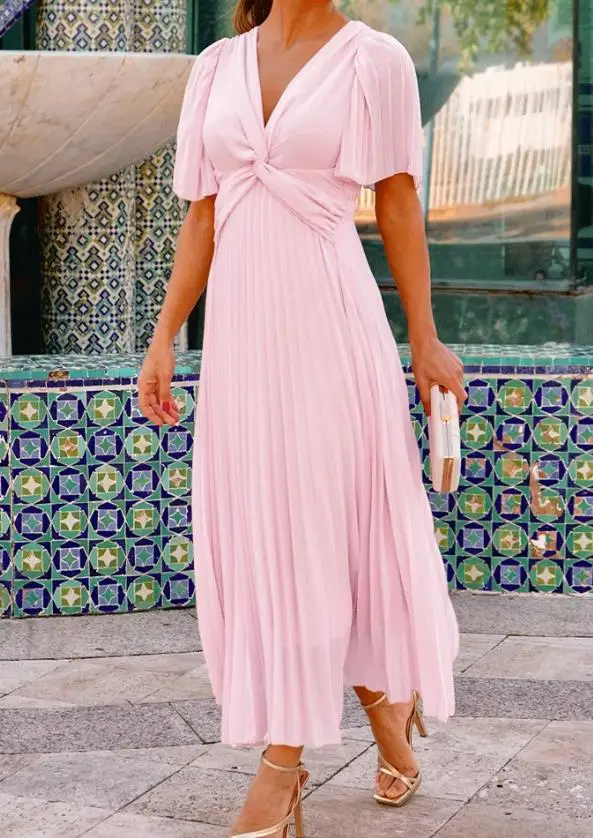 

Solid Color Slim Fit V-Neck Flared Sleeve Cinched Pleated Dress for Summer Ladies, Elegant Slim Fit A-Line High Waisted Dress