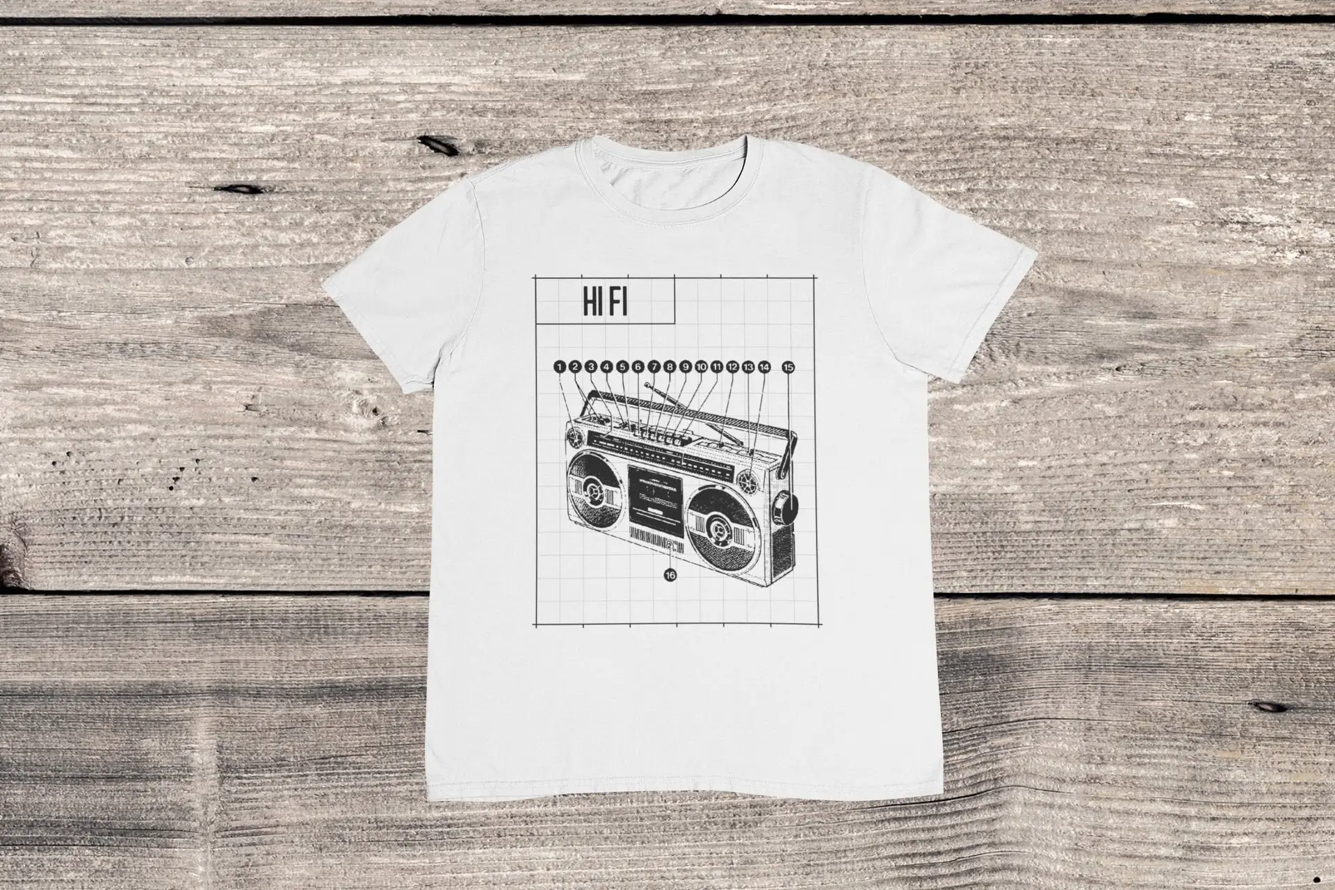 Hi Fi Blueprint T Shirt Cassette Player Tape Retro Blueprints