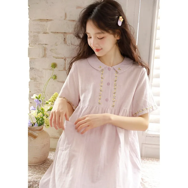 Women's Summer Pajamas, Medium To Long Pure Cotton Nightgown with High-Tech Embroidery for Loungewear and Outdoor Use