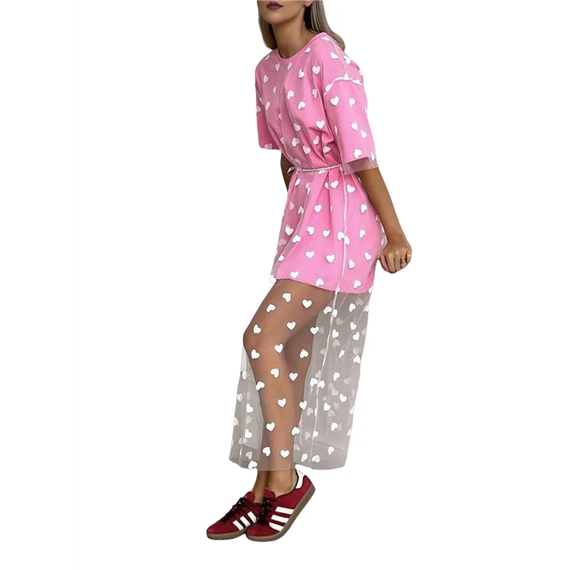 NEW-Women Casual Round Neck Loose T-Shirt Spliced Mesh Love Print Long Maxi Vacation Dress