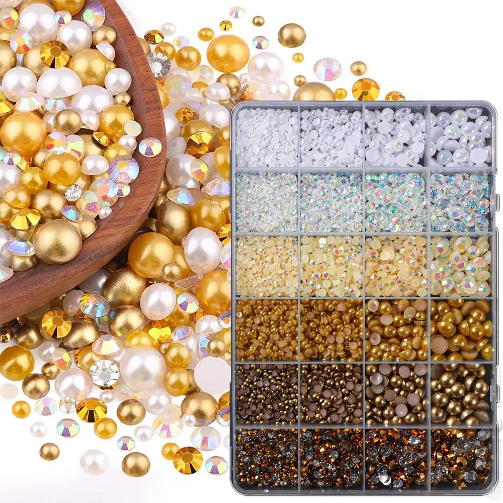 for Bedazzling Flatback Pearls and Gold Rhinestones Mixed Size 3-8mm White Brown Gems and Half Pearls 24 Grids Resin Rhinestones