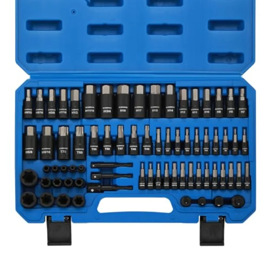

71-Piece Master Hex and Torx Bit Socket Set 1/4" and 3/8" and 1/2" Drive Metric/SAE Hex Bit Sockets Star Bit Sockets T6 - T70 E