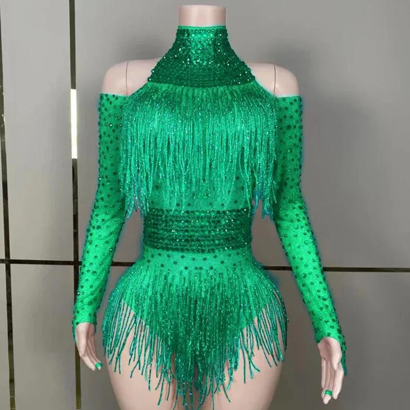 Drag Queen Costumes Red Rhinestones Fringed Bodysuit Women Gogo Dance Rave Outfit Dj Ds Stage Jazz Clothes Clubwear