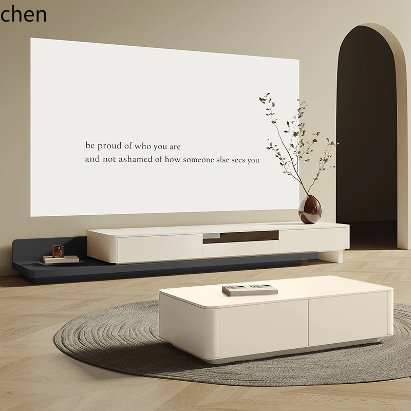 

HTT TV cabinet solid wood coffee table combination telescopic small apartment paint modern simple living room floor cabinet