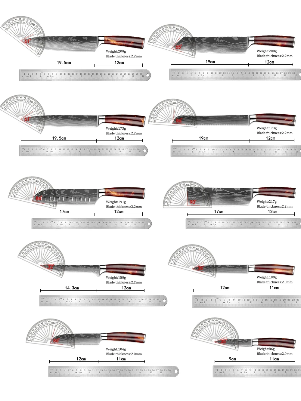 1-10PCS Stainless Steel Kitchen Knife Set Razor Sharp Chef's Knife Japanese Santoku Knife Laser Damascus Pattern Resin Handle