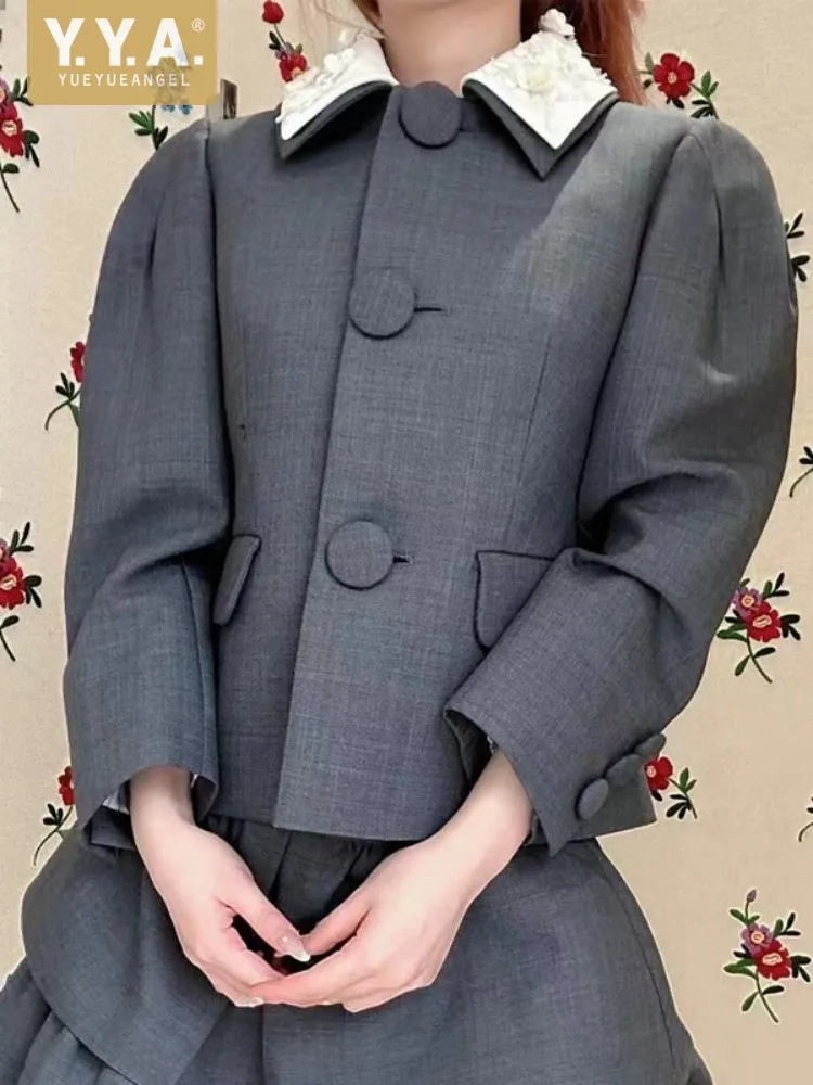 Office Lady Vintage Jacket Puff Sleeve Single Breasted Handmade Beading Sequined Double Layered Collar Women Elegant Outerwear