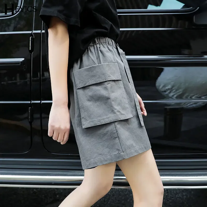 Summer Black Cargo Shorts Women Wide Leg Big Pockets Baggy Elastic Waist Harajuku Couple Retro Streetwear Empire Casual Bottoms