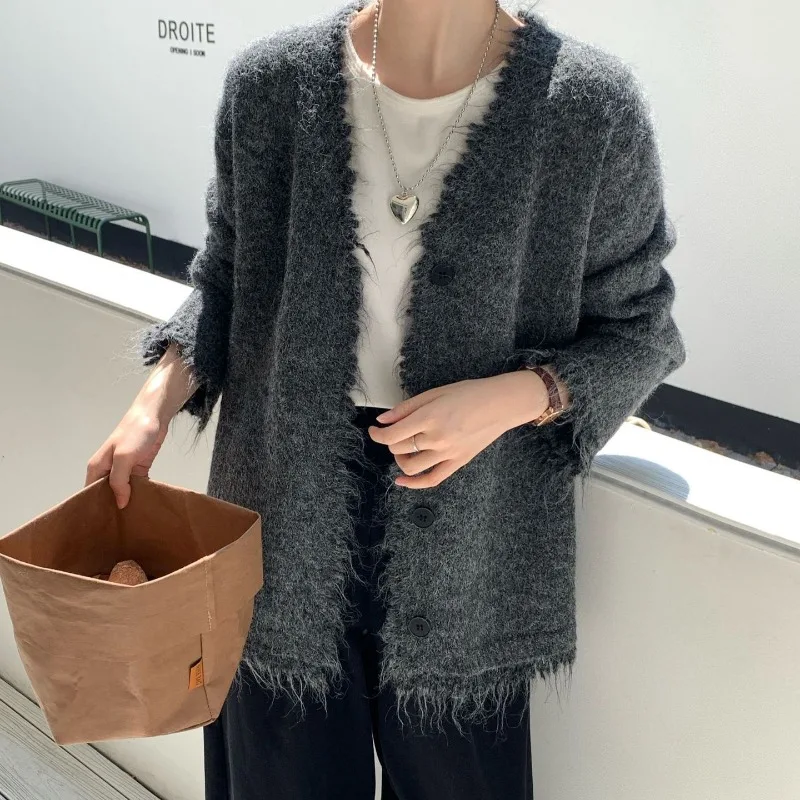 Vintage Gray Tassel Long-Sleeve V-Neck Single Breasted Knitted Cardigan Sweater Autumn Women Elegant Loose Solid Jacket Casual 4
