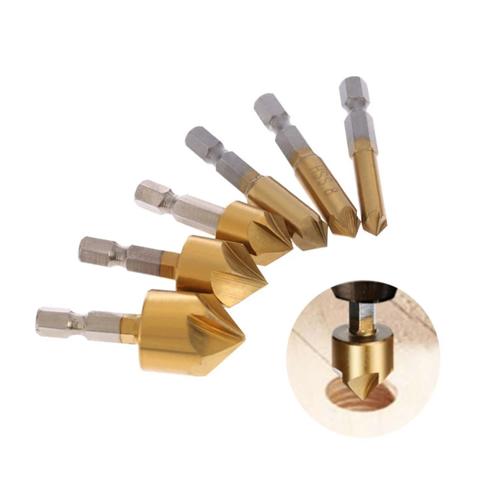 

6Pcs Hexagonal Handle Titanium Plated Chamfering Knife Countersunk Drill 6-19mm HSS Deburring Cutter Woodworking Spot Facer Tool