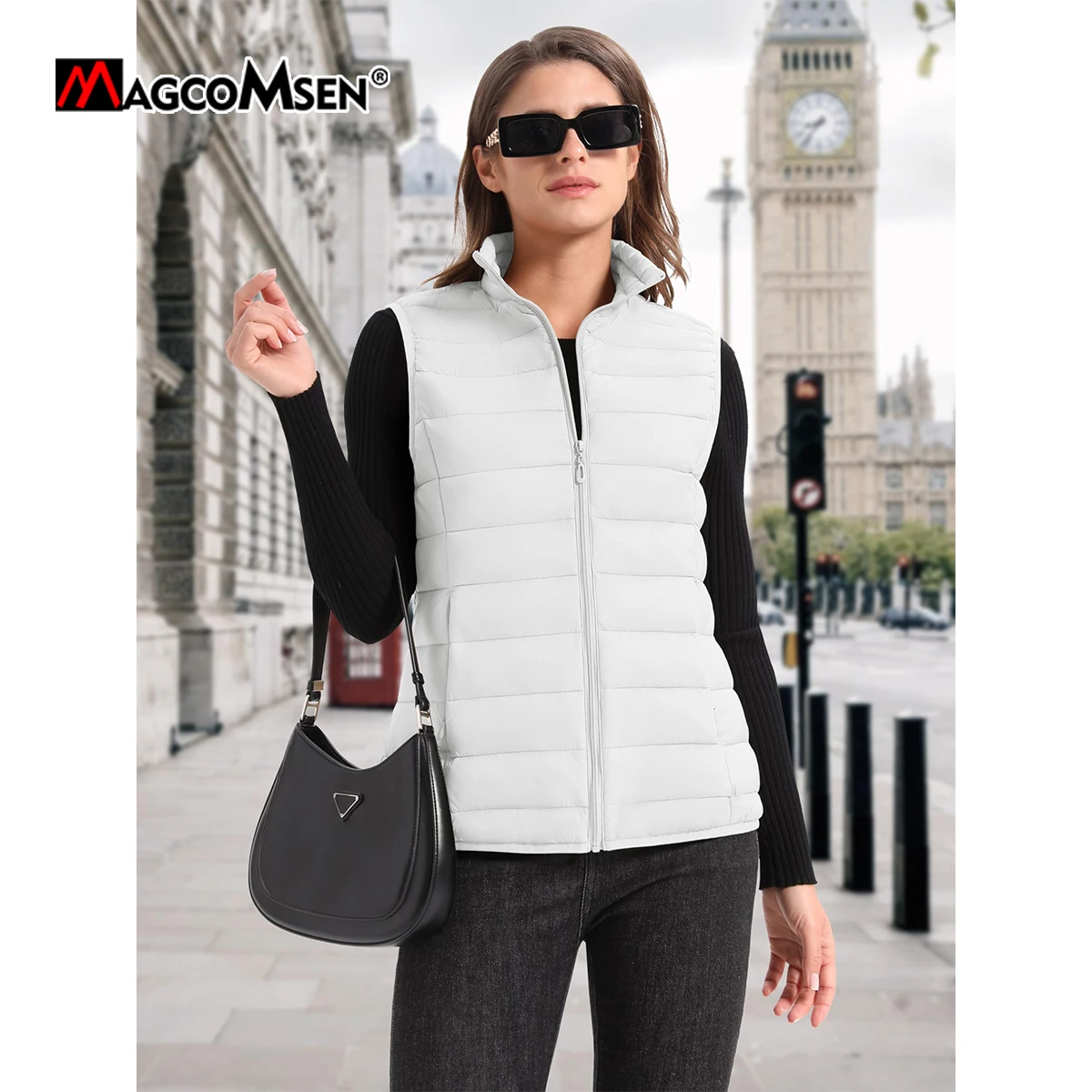 MAGCOMSEN Fall Winter Casual Vests Womens Lightweight Sleeveless Stand Collar Zip Up Jackets Waterproof Outerwear Vests