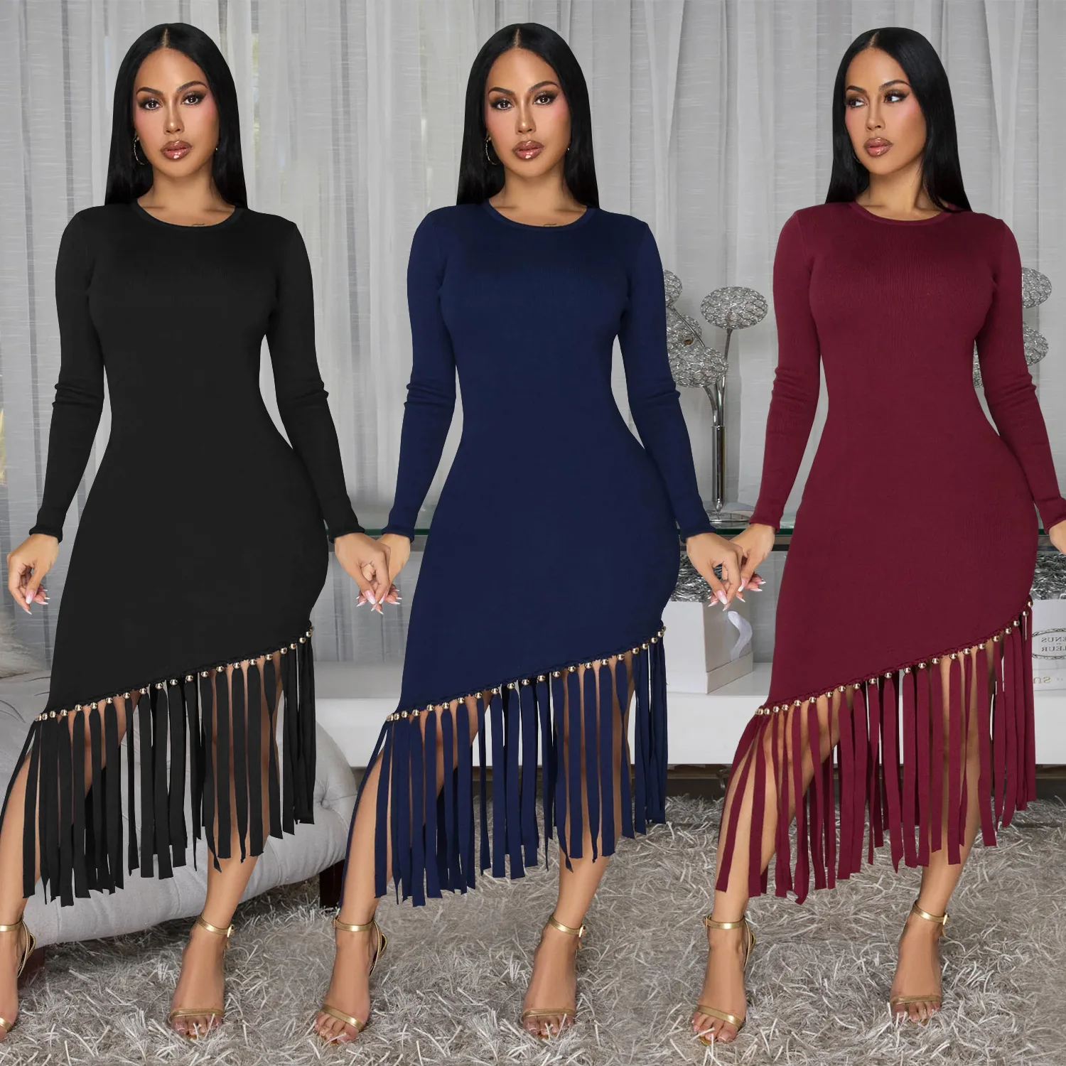 فستان خريف وشتاء للشارع للنساء سادة برقبة دائرية وأكمام طويلة وحاشية نحيفة فساتين طويلة ميدي عتيقة مثيرة Vestido2025