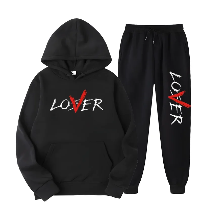 2024 Fashion Design LOVER Letter Print Hoodie Set Men Women Casual Loose Cotton Keep Warm Hooded Top+Casual Sweatpants