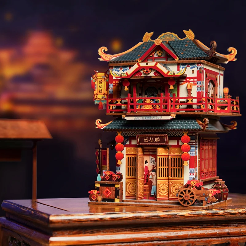 DIY Wooden Model Building Kits Chinese Ancient Restaurant Inductive Storage Box City Street View 3D Puzzle Toys for Adults Gifts