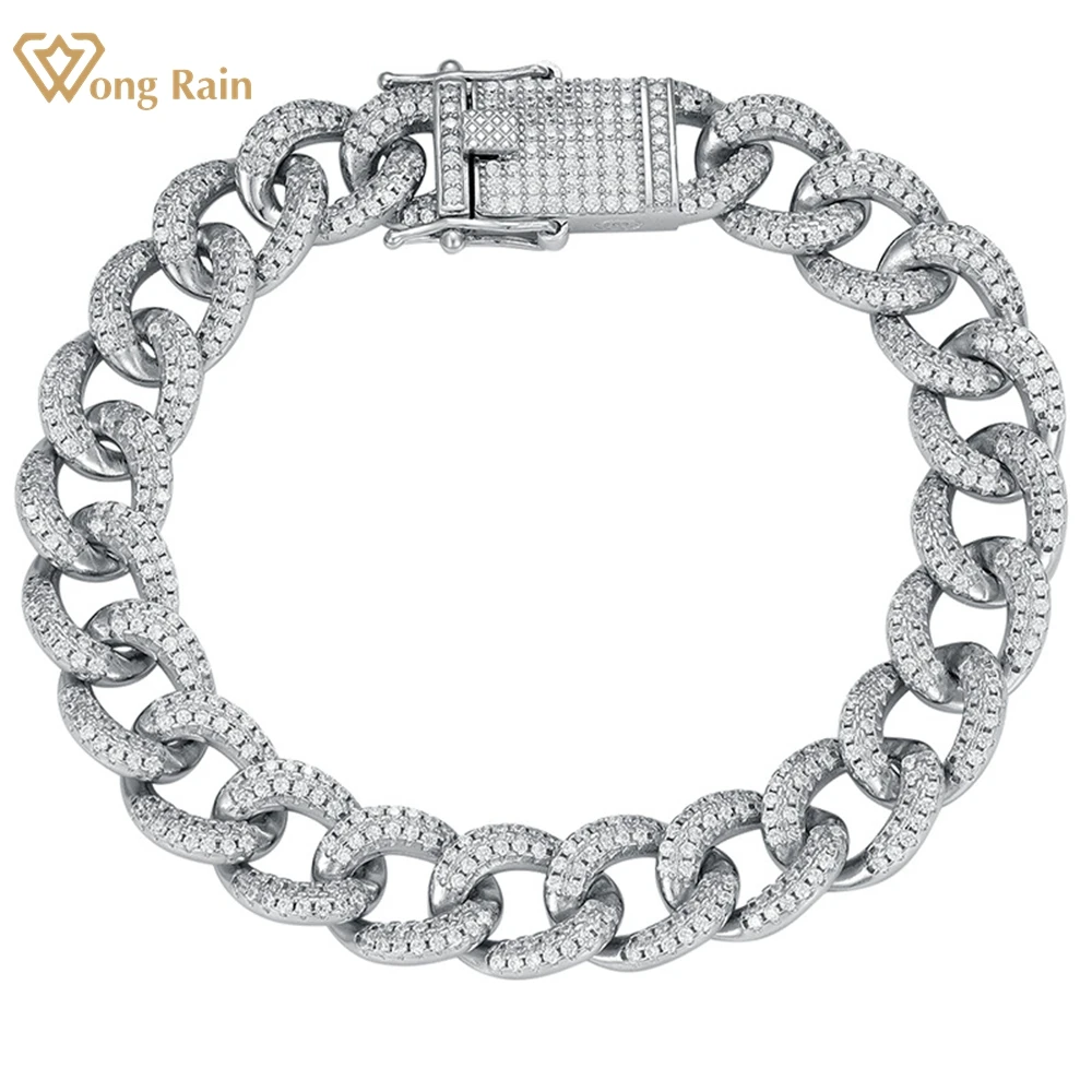 

Wong Rain Hip Hop Rock 925 Sterling Silver Lab Sapphire Gemstone 10MM Cuban Chain Bracelets Bangle Fine Jewelry Gifts Wholesale