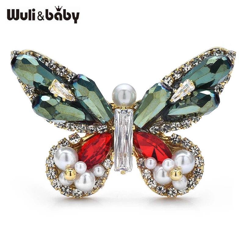 Wuli&baby Pearl 3 Colors Handmade Czech Rhinestone Butterfly Brooch Pin Quality Jewelry Accessory For Collection