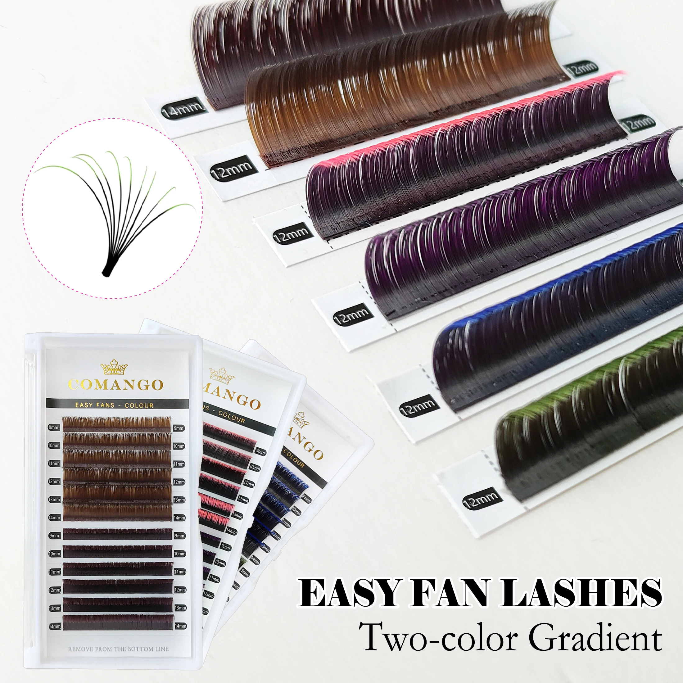 CoMango 0.07mm Easy Fan Lashes Volume Extension Mix 9-14mm Colored Easy Fanning Ombre Green/Blue/Brown/Purple Colorful Eyelashes