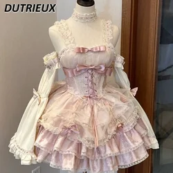 Japanese JSK Sweet and Spicy Pure Desire Bow Lace Gentle Lolita Dress Cute Girls Lace-up High Waist Slim Sling Dresses