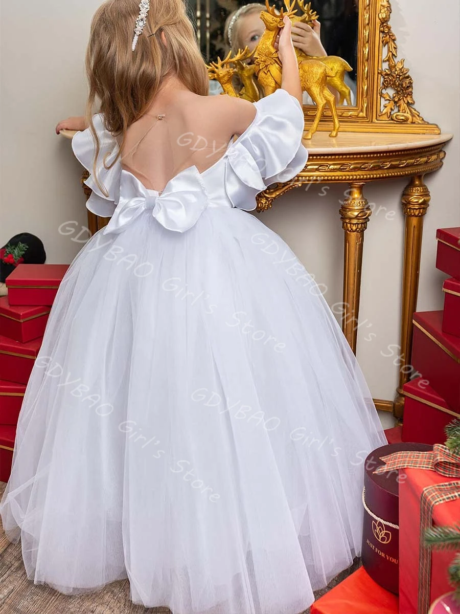 

White Wedding Flower Girl Dress Sheer Back Ruffles Sleeve Floor Length First Communion Dress Customized Kids Tulle Party Gown