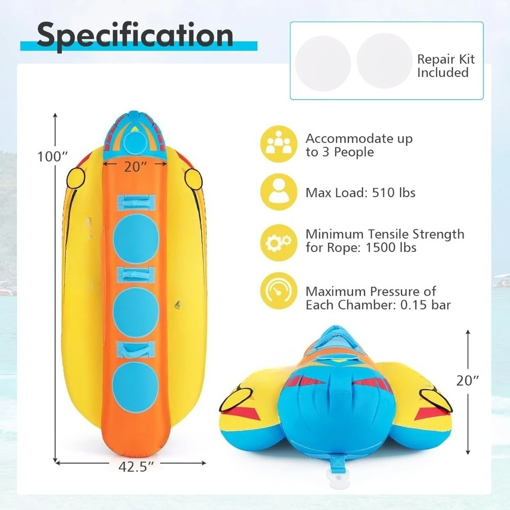 

Inflatable Towable Tubes for Boating,1-2/1-3 Rider Hot Dog Tube for Boat to Pull, Water Sports Banana Boat with EVA-Padded Seats