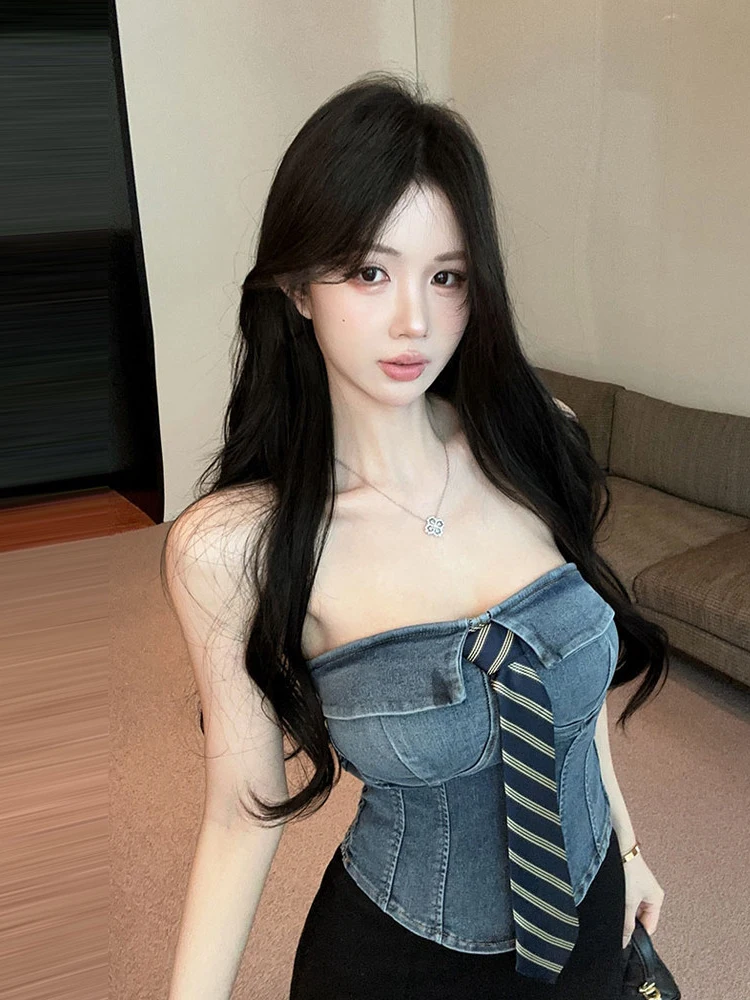 

Модный сексуальный джинсовый топ с полосками и завязками, на одно плечо, с открытой спиной, винтажный, укороченный, облегающий, женская повседневная одежда, лето 2026