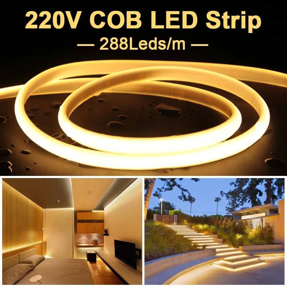 Ultra Bright 220V COB Neon Strip Light 20M 30M 50M 288LEDs/m Waterproof Flexible Led Tape Light Cuttable Outdoor Lights For Ro