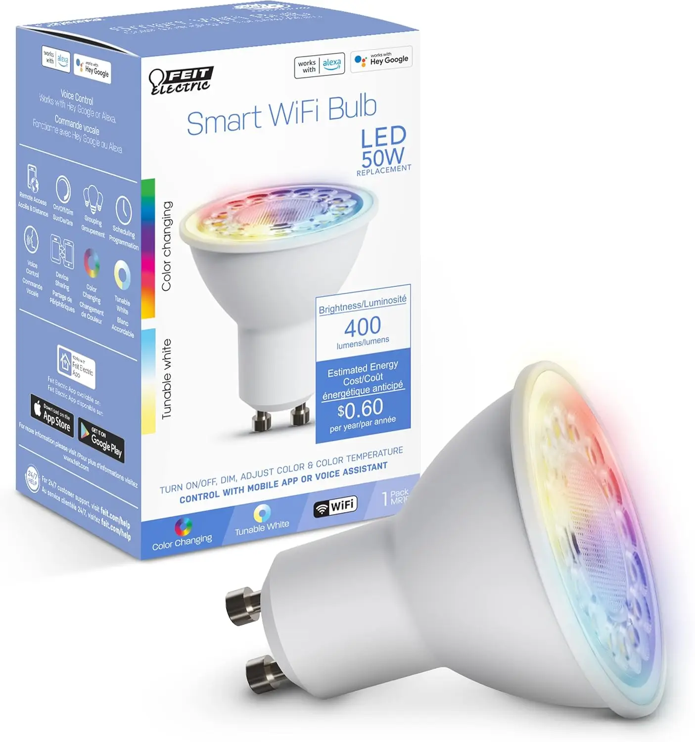 

Умная светодиодная лампа MR16 RGBW мощностью 50 Вт с голосовым управлением через Alexa, Google и Siri