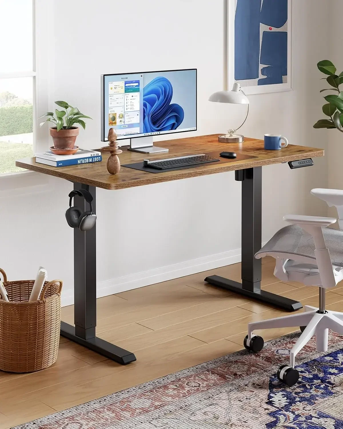 Electric Standing Desk Adjustable Height, 4 Memory Height Settings, Headphone Hook, Cable Manager, Sit Stand Up Desk for Home