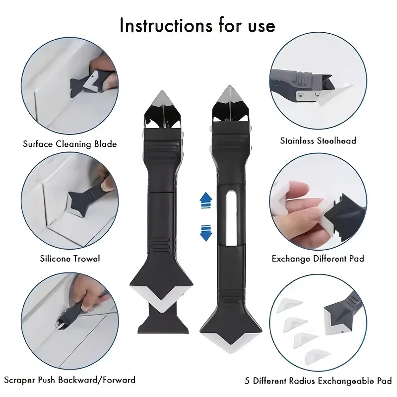 

5-in-1 Silicone Scraper Set Sealant Caulk Remover Kit 5 Pads Ergonomic Handle for Floors Glass Non Electric Smooth Surfaces