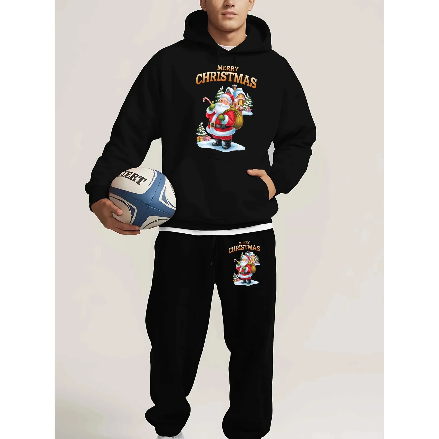 Autumn Winter Casual Men's Sweatshirt Sets Fashion Funny Santa Claus Printed Hoodies And Pants 2 Piece Outdoor Loose Sports Suit