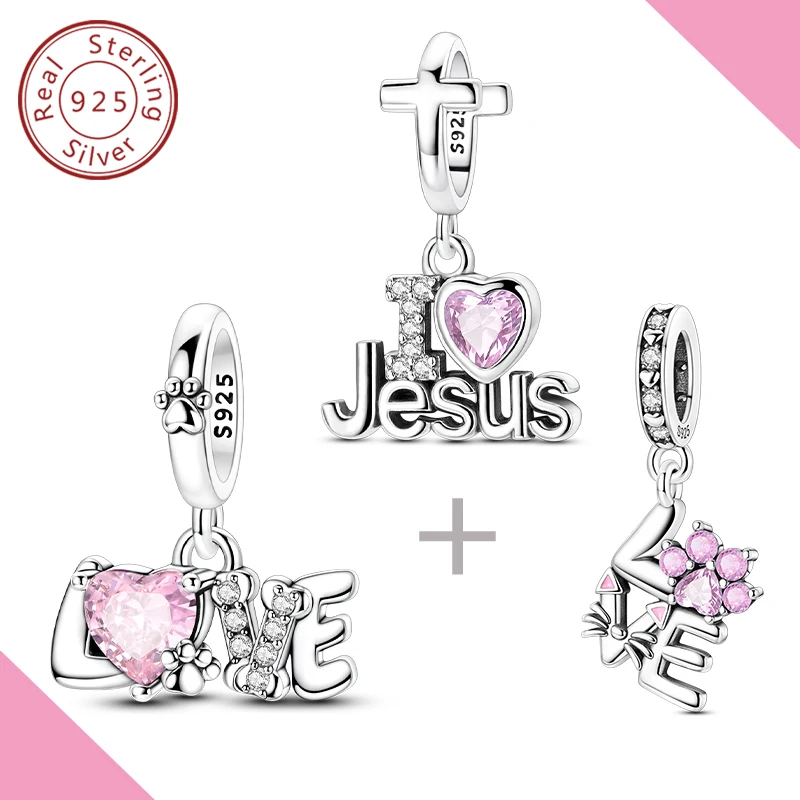 

3 Pieces 925 Sterling Silver Love Jesus Charm Fit Original Bracelet Diy For Woman Fashion Jewelry Set