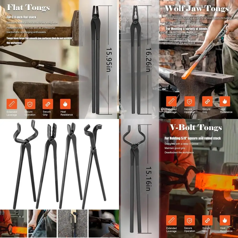

Forge Tongs Set for Bladesmithing and Blacksmithing - 4-Piece Tool Kit