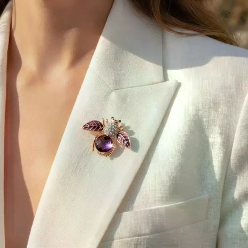 Rose Gold Plated Purple Crystal Bee Brooch With Rhinestone Enamel Wings For Wedding Party Daily Wear