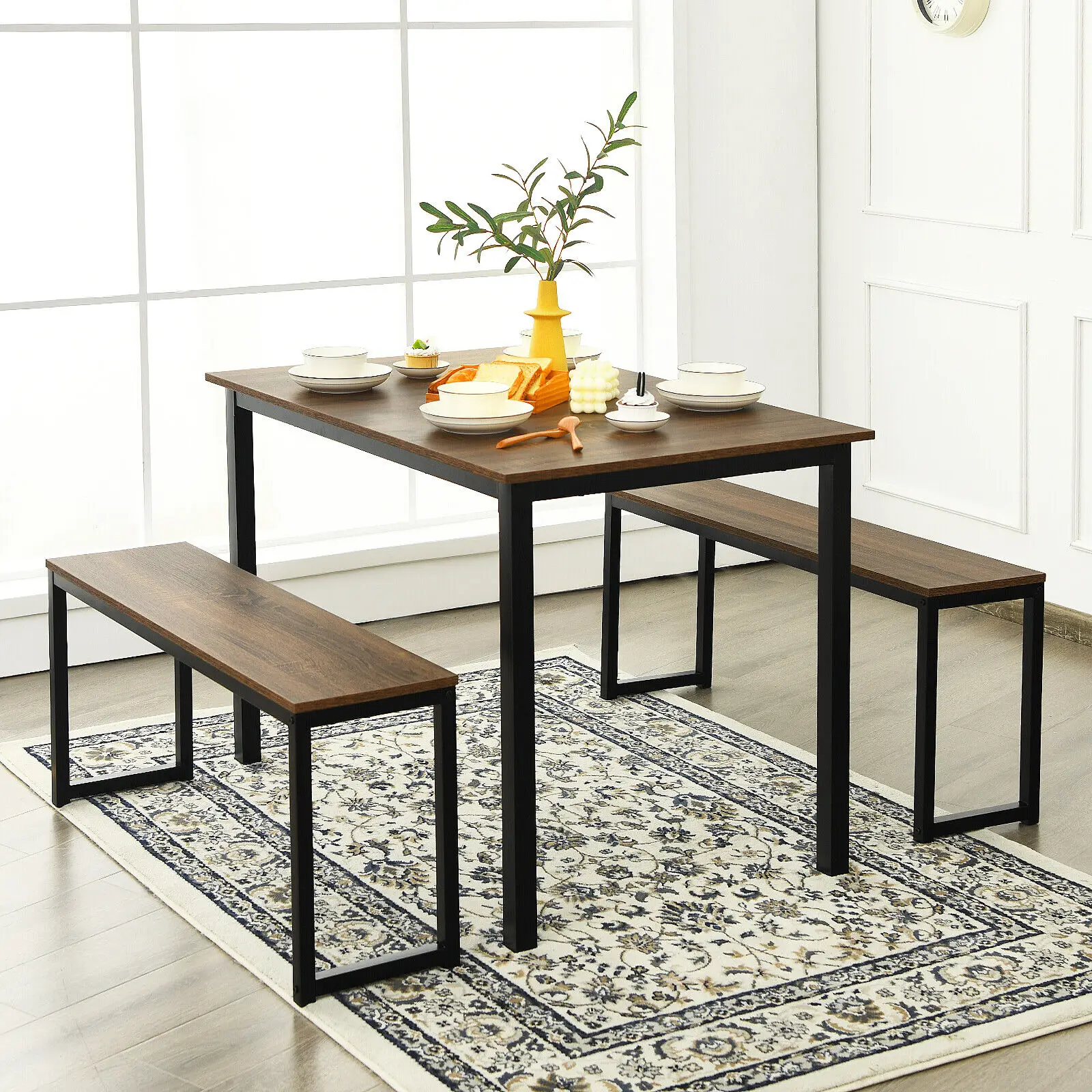 3PCS Dining Table Set Modern Studio Collection Table & 2 Benches Natural