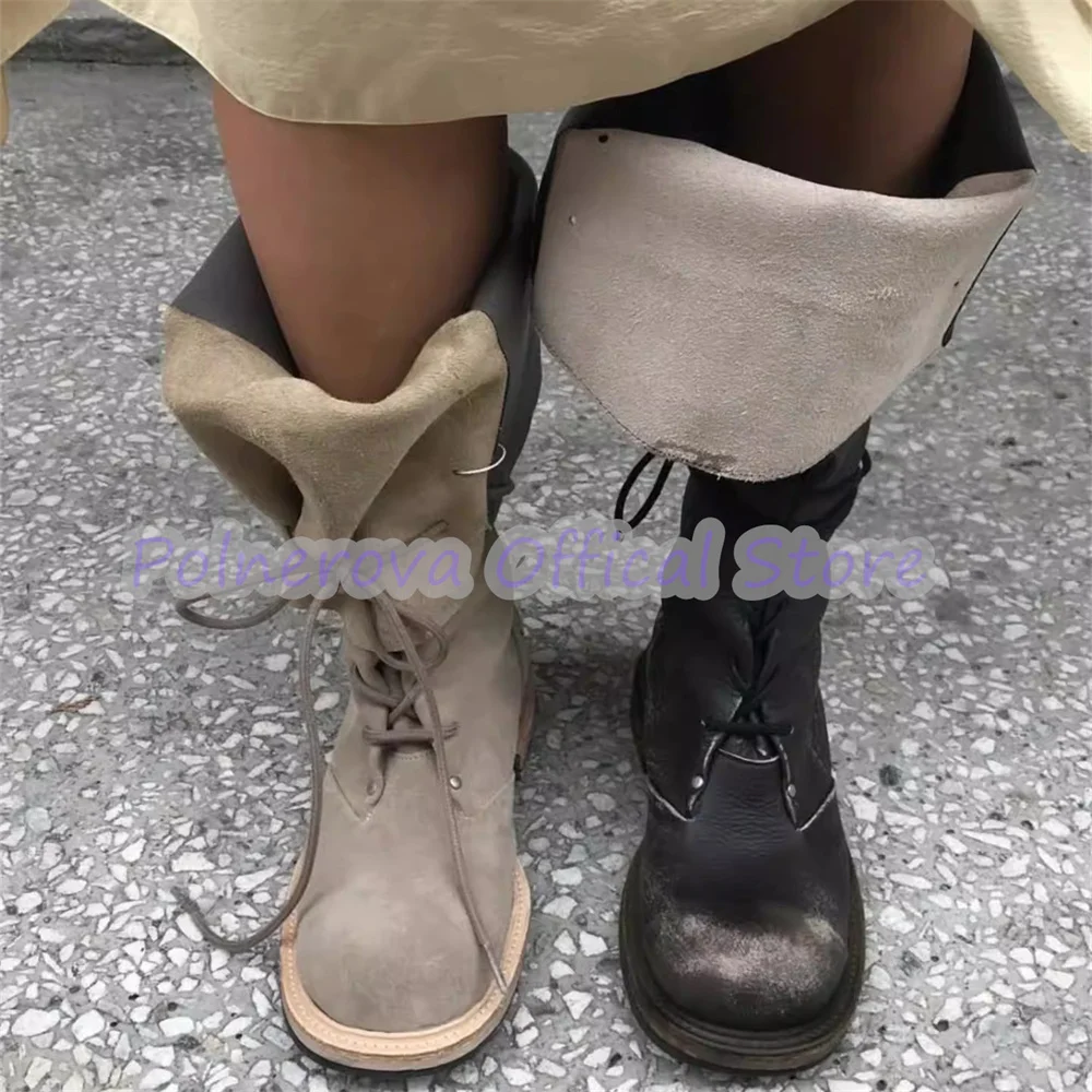 

Retro Pleated Design Women Turned-Over Edge Boots Big Head Chunky Bottom Lace-Up Motorcycle Boots Lady Outdoor Casual Shoes