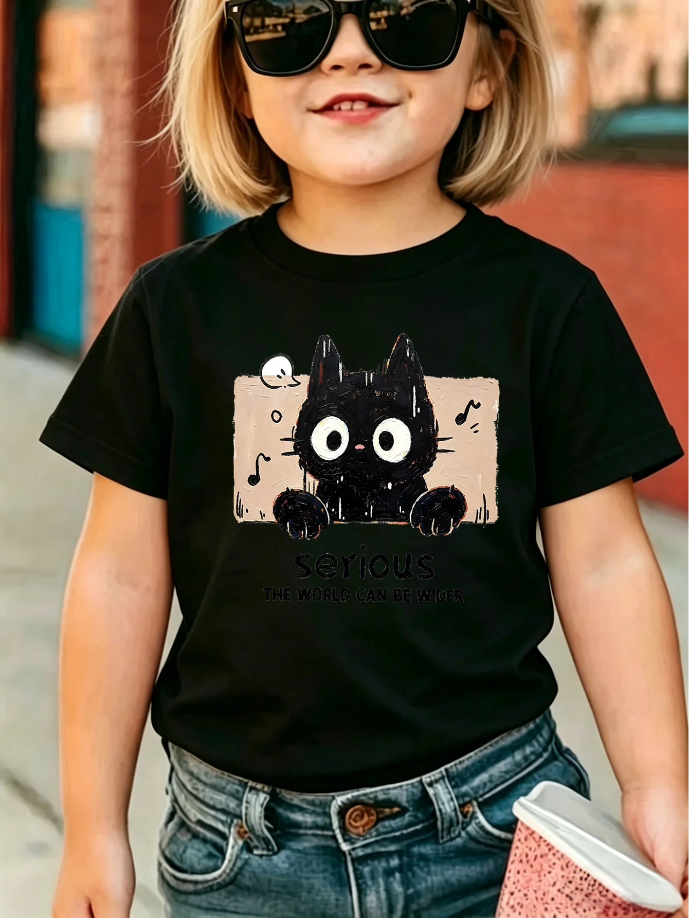 Cute Hand Drawn Black Cat Serious Quote Cartoon Art Graphic Print Family Matching Short Sleeve Tee Boys Girls Kids Casual Tops