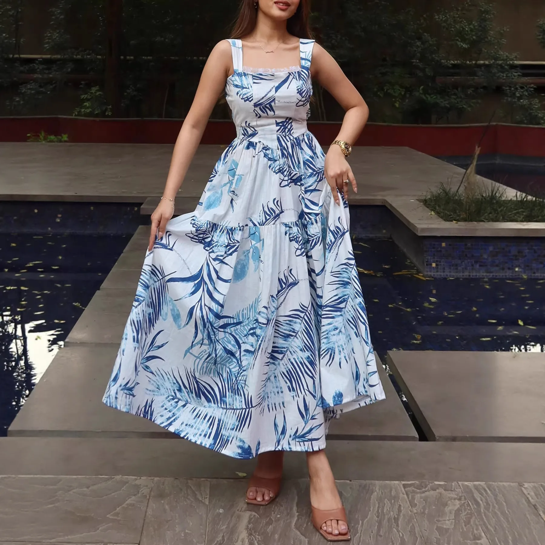 

2026 Summer Women's Tropical Leaf Print Maxi Dress Spaghetti Strap Ruffle Trim Fitted Waist Tiered Flowy Beach Vacation Sundress