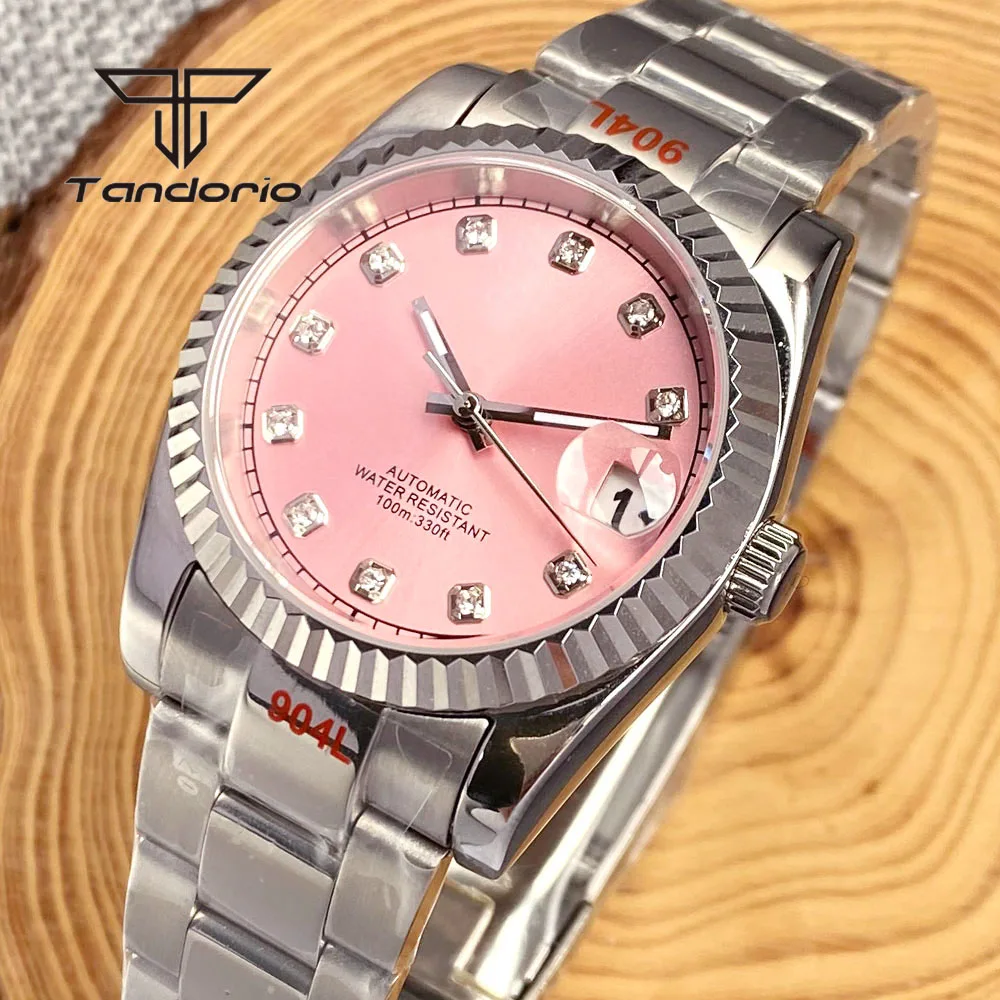 Tandorio NH35A Sapphire Automatic Steel Watch for Lady Men Pink Sunburst Dial Diamond Marks Luminous 36mm/39mm Wristwatch Date